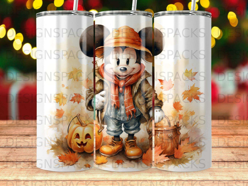 Mickey Mouse in autumn attire holding a pumpkin, surrounded by leaves.