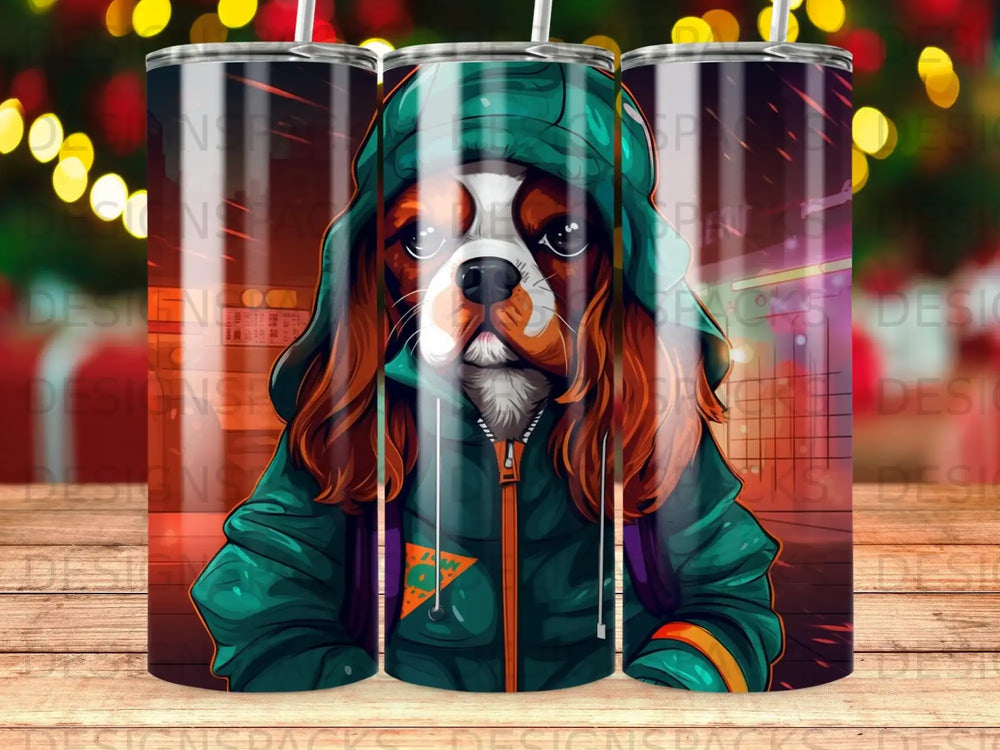 Dog in green hoodie and backpack, digital art.