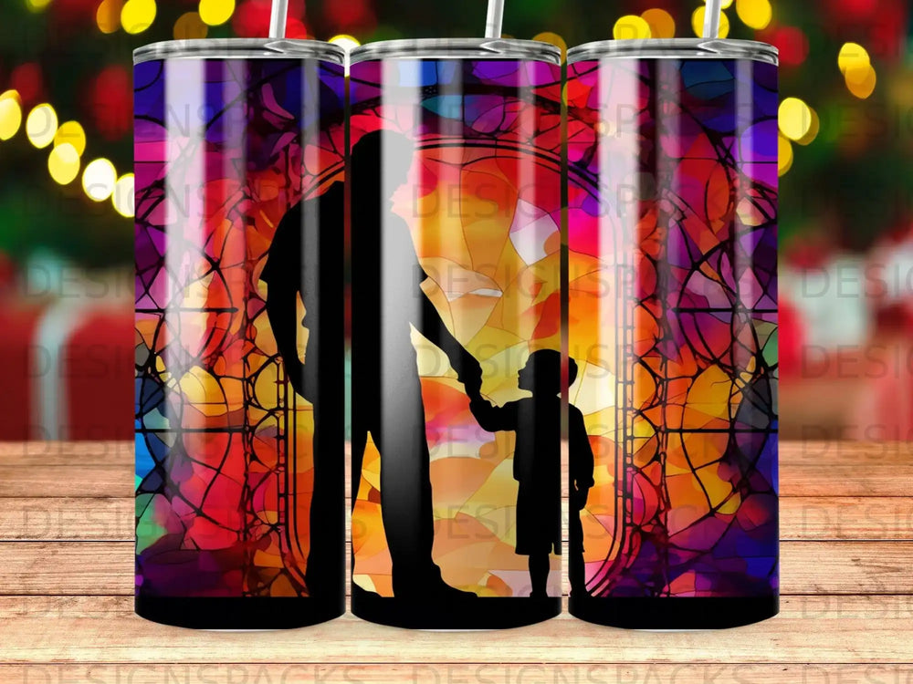 Silhouette of parent and child holding hands against stained glass background.