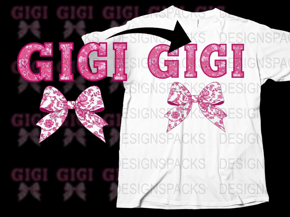 Custom GIGI T-Shirt, Pink Glitter Text, Floral Bow Graphic, Personalized Grandma Gift, Unique Family Tee Design