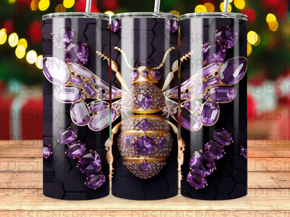 Glittering bee with purple gemstones on dark honeycomb background.