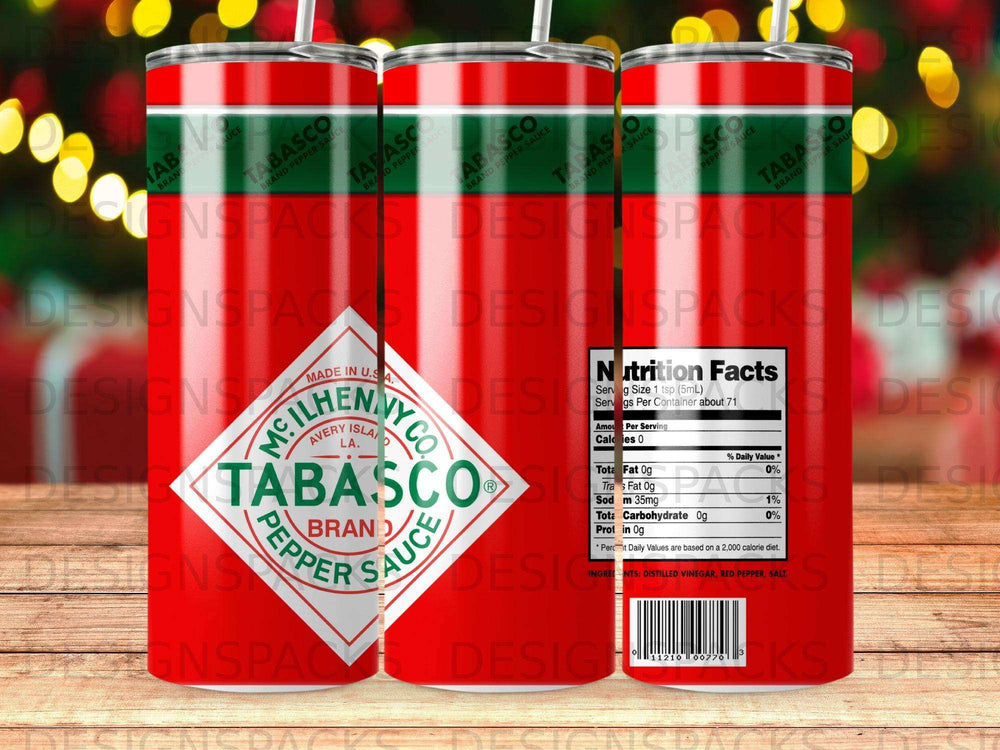 Tabasco brand pepper sauce tumbler with nutrition facts label and branding.