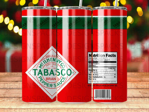 Tabasco brand pepper sauce tumbler with nutrition facts label and branding.