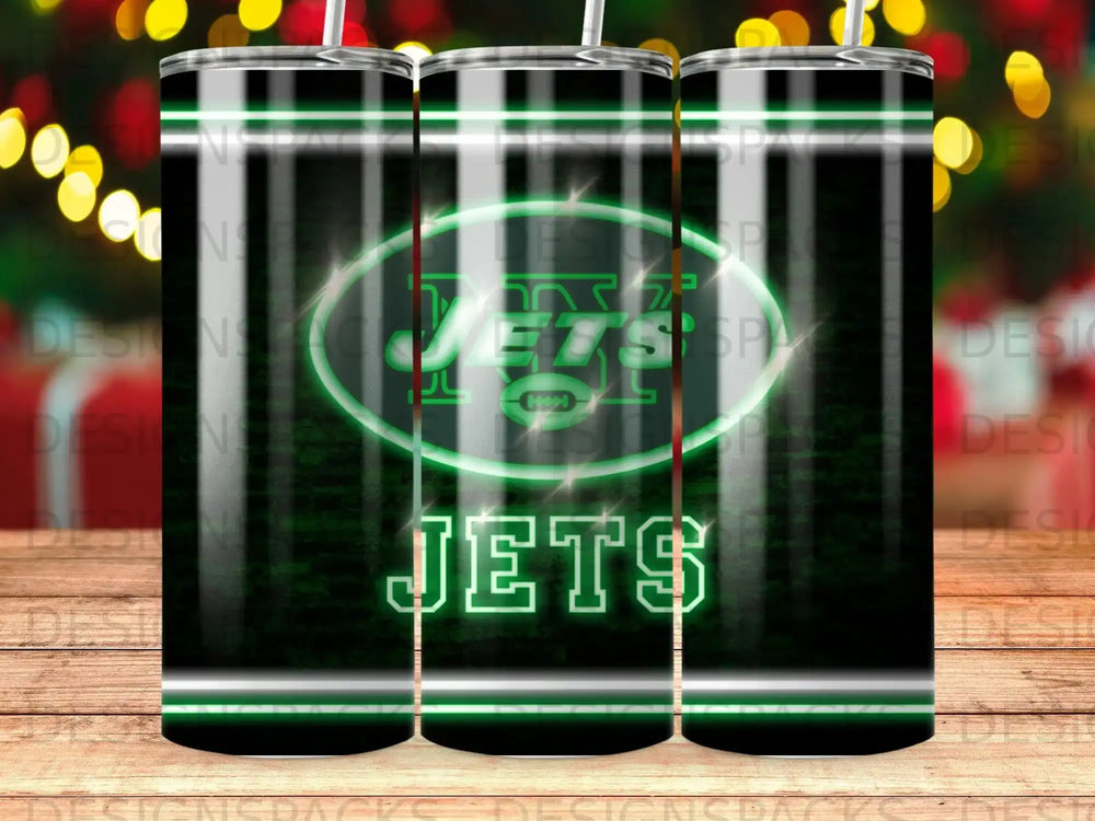New York Jets logo and team name on a green, glowing tumbler.