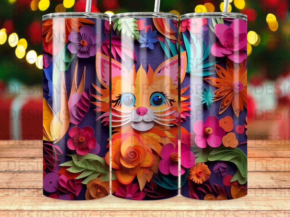 Orange cat with floral pattern on a purple background.
