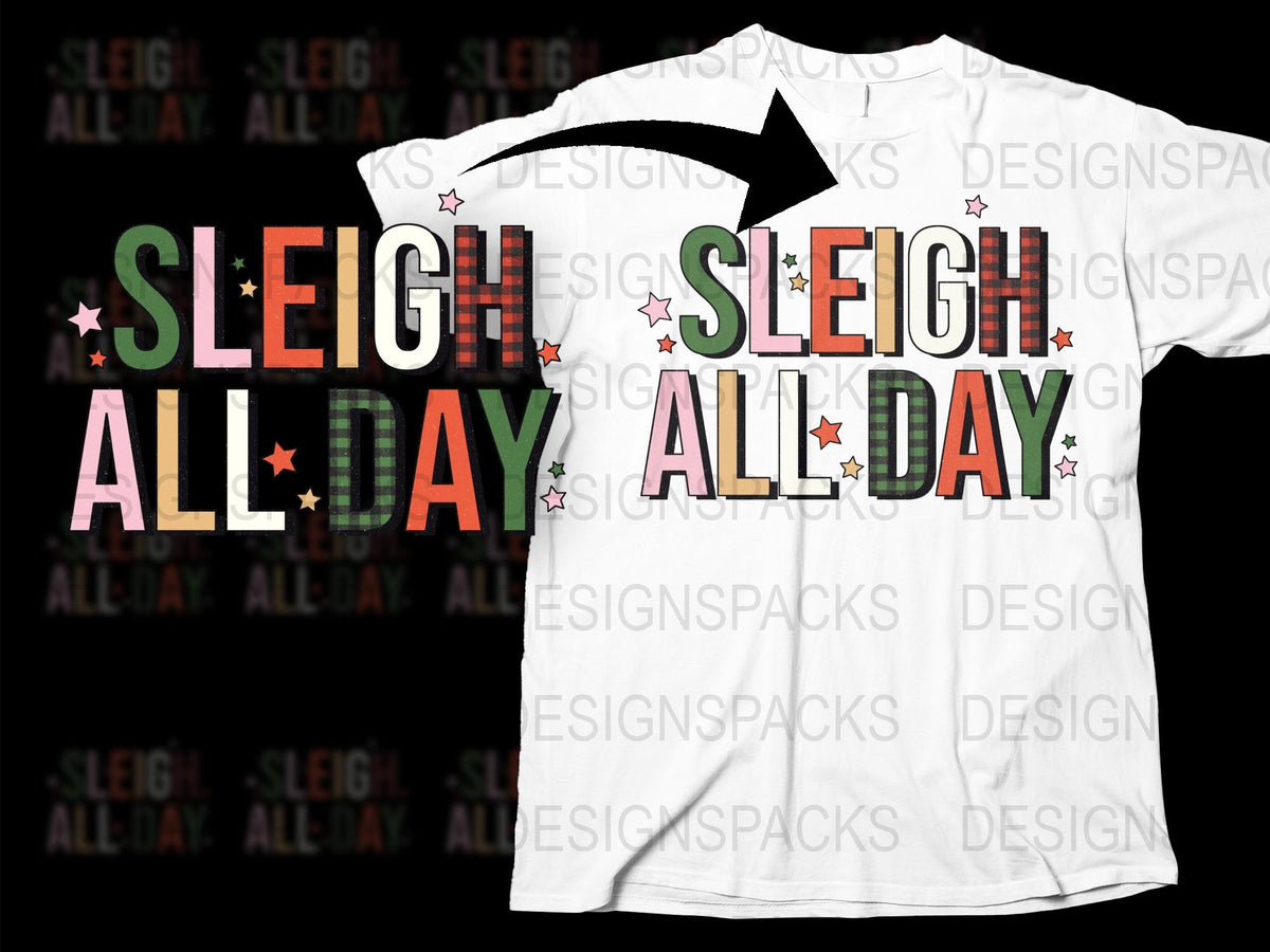 Festive Sleigh All Day Christmas T-Shirt, Holiday Graphic Tee, Star Design, Casual White Unisex Top