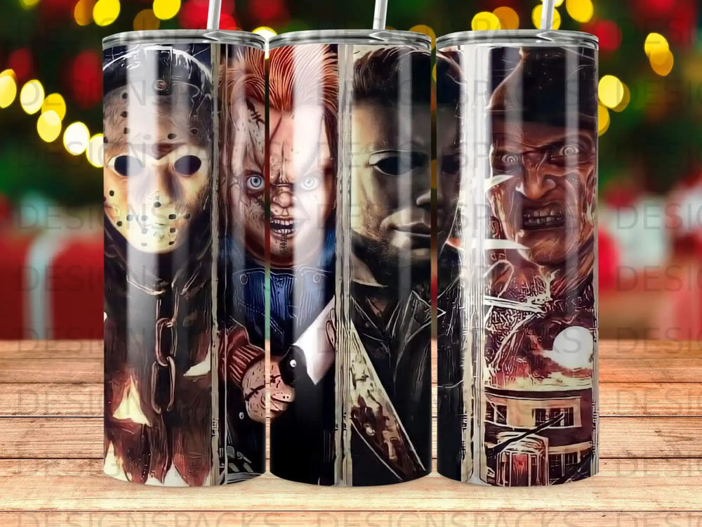 Horror movie villains Michael Myers, Chucky, and Freddy Krueger on a tumbler.