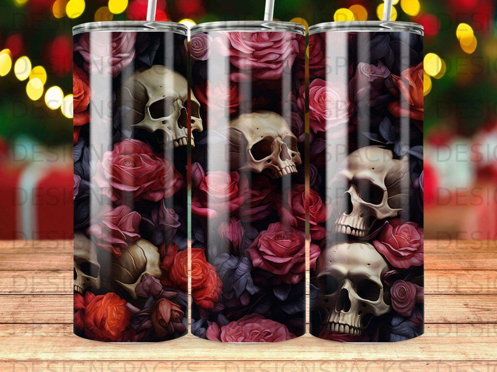 Skulls and deep red roses arranged on a dark background.
