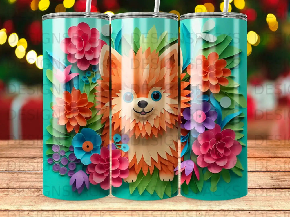 Pomeranian dog with colorful paper flowers and leaves on a teal background.