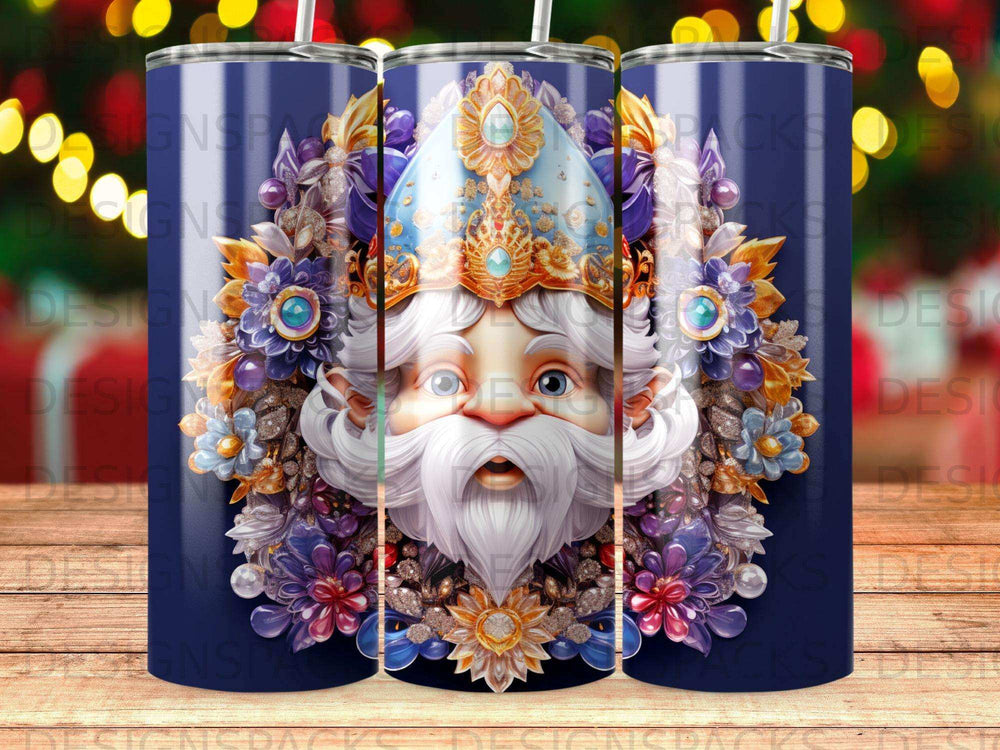 Santa Claus head with blue, purple, and gold floral ornate headdress.