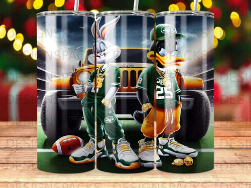Bugs Bunny and Daffy Duck in New York Jets gear with a Jeep.