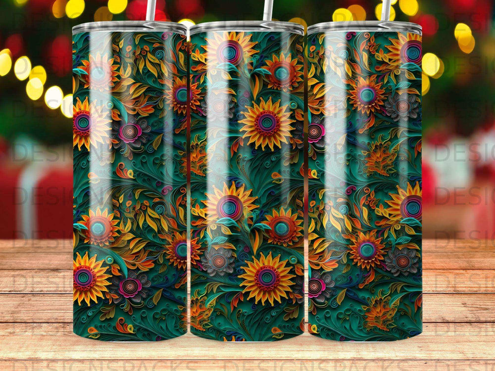Three tumblers with a dark teal background and a vibrant sunflower floral pattern.