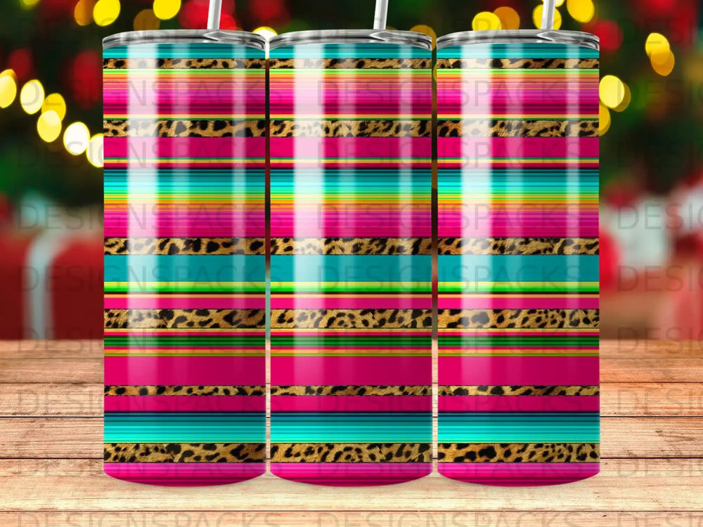 Tumbler with leopard print and colorful horizontal stripes.