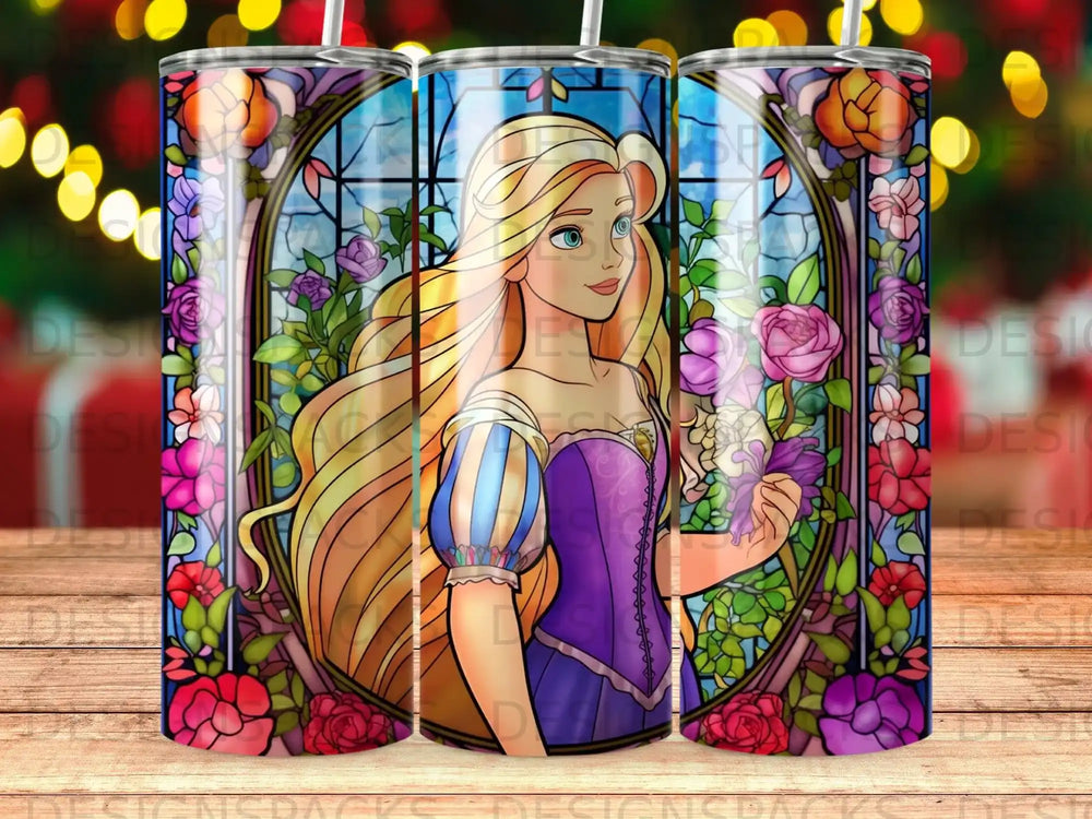 Rapunzel in stained glass floral frame, holding a flower.