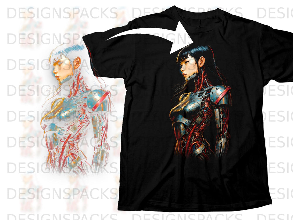 Black t-shirt with a cyberpunk woman graphic on the front.