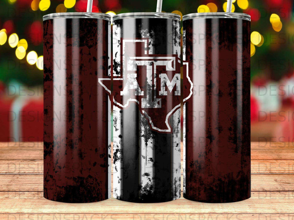 Maroon and white distressed Texas A&M University logo on a tumbler.