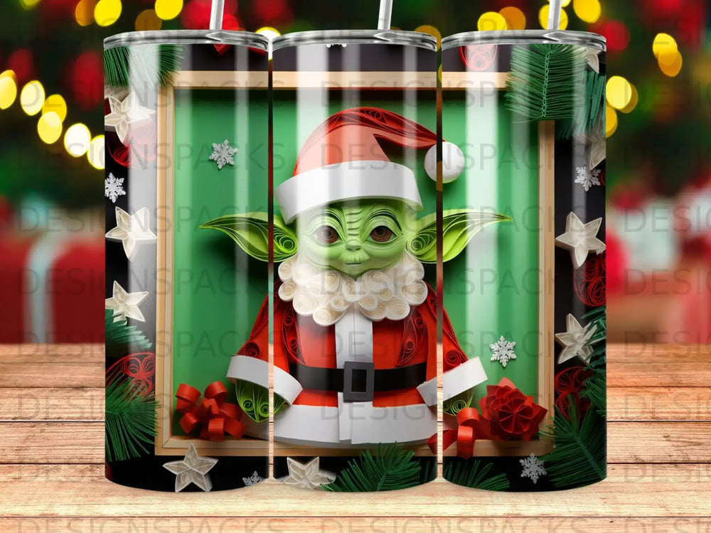 Green character in Santa suit, framed by Christmas decorations.