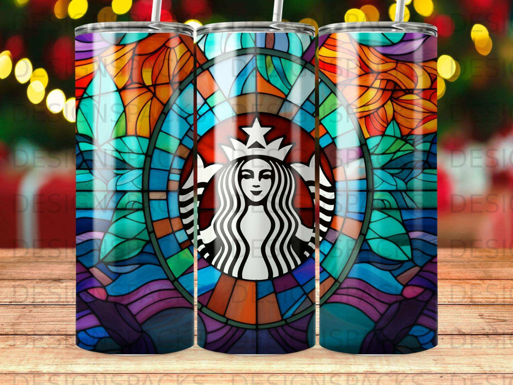 Starbucks logo in stained glass pattern on a tumbler.