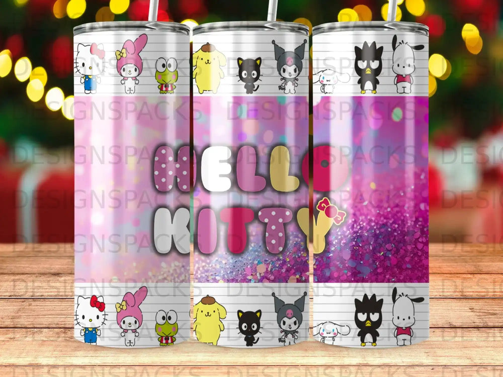 Hello Kitty and friends characters on a glittery purple tumbler with Sanrio branding.