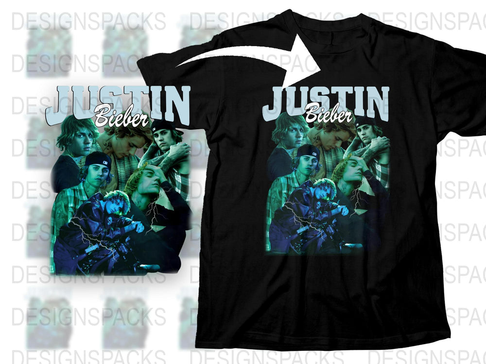 Justin Bieber Photo Collage T-Shirt, Vintage Pop Star Graphic Tee, Music Fan Merch, Unisex Black Shirt