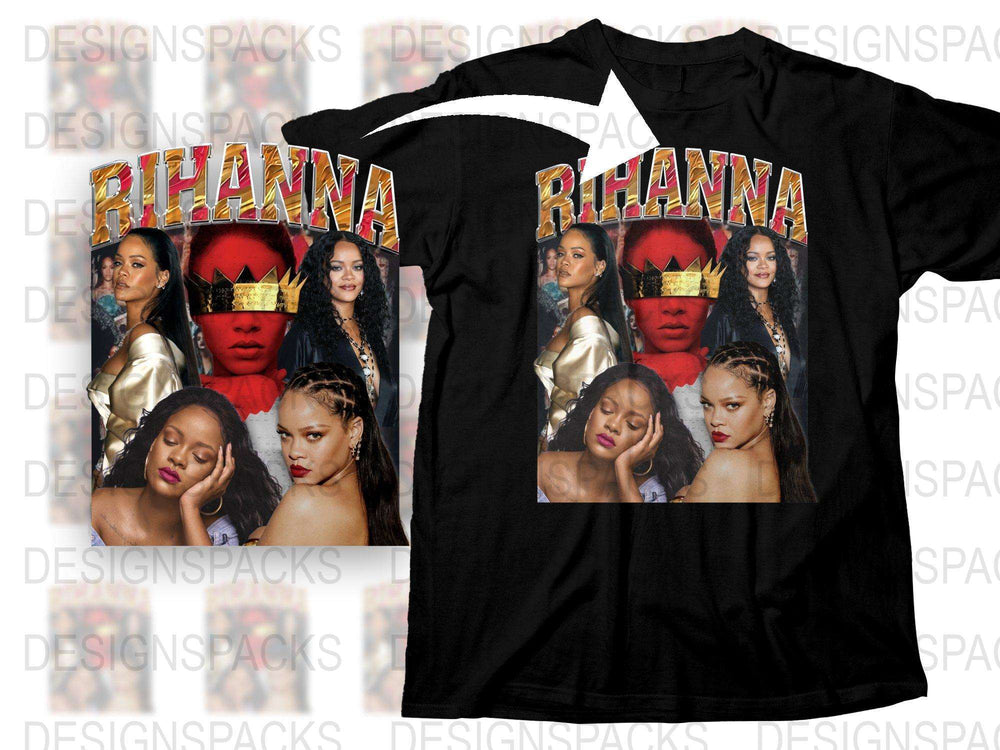 Rihanna Graphic T-Shirt, Pop Star Collage Tee, Music Artist Inspired Merch, Black Shirt with Celebrity Faces, Fan Gift