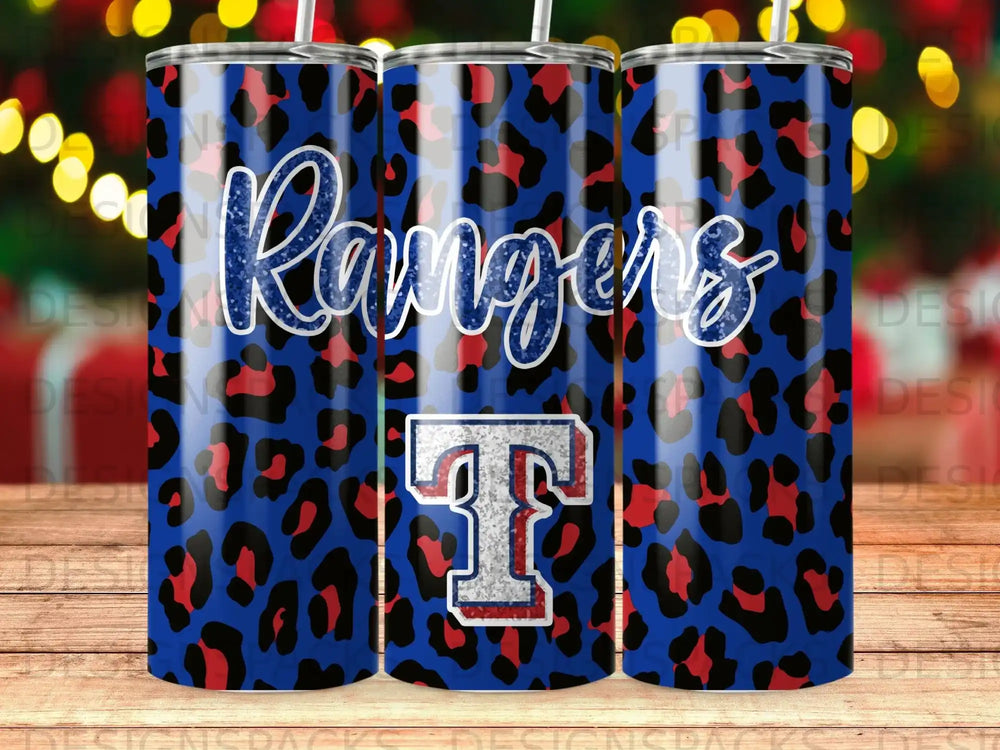 Blue tumbler with white "Rangers" text and a red "T" logo on leopard print.