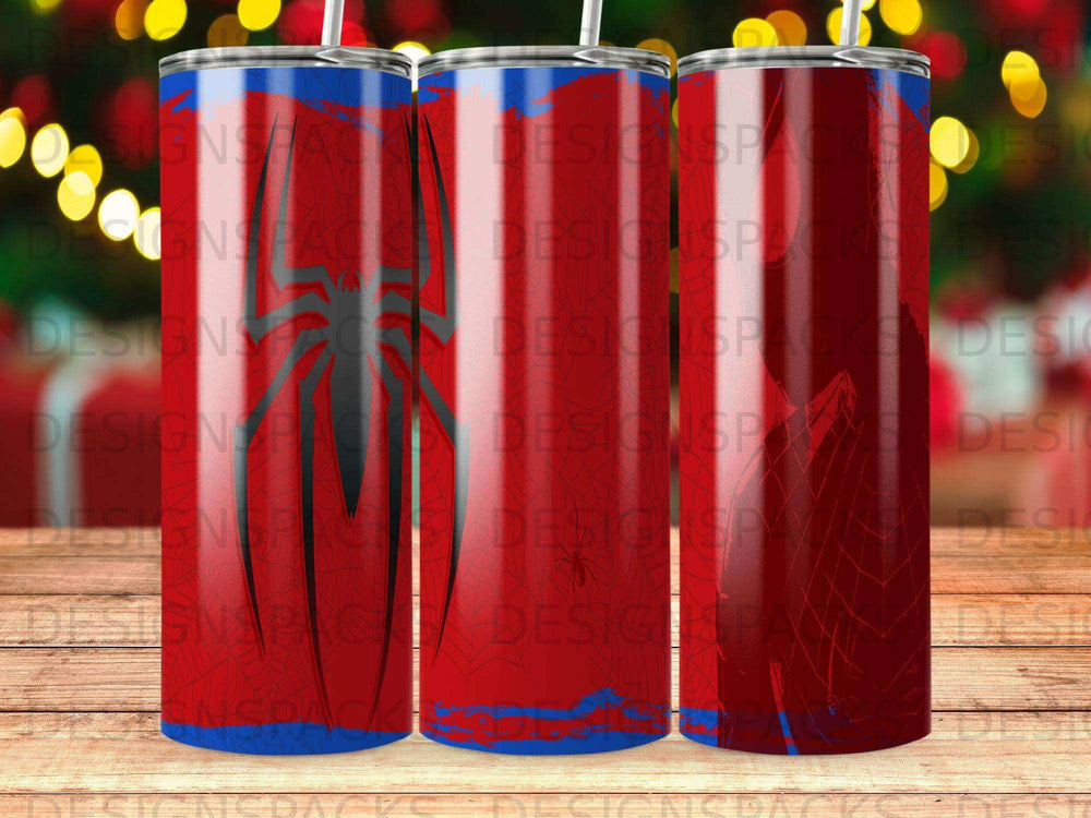 Spider-Man themed tumbler with red, blue, and black abstract design.