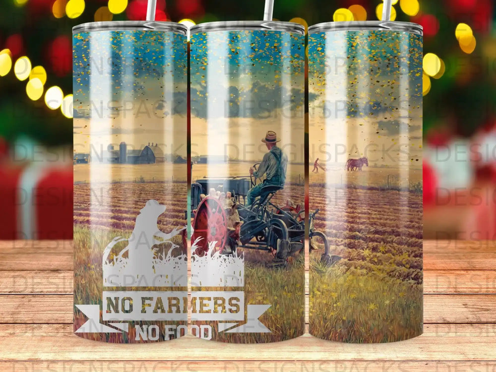 Tractor in a field with "No Farmers No Food" text.