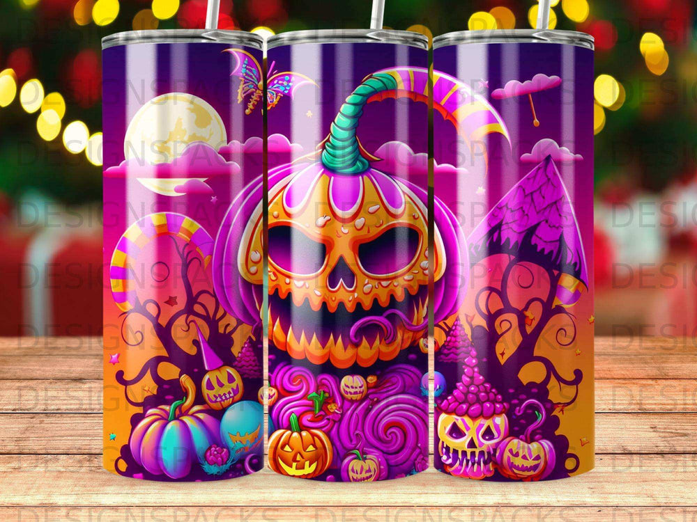 Halloween tumbler with jack-o'-lanterns, bats, and spooky purple trees.