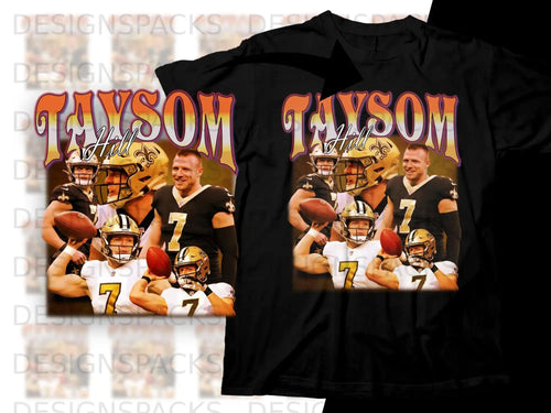 Taysom Hill Saints quarterback collage on a black t-shirt.