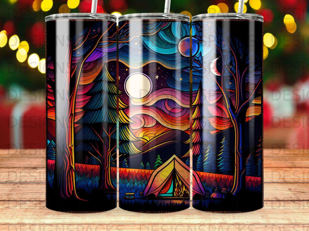 Tent in a colorful forest under a moonlit night sky.