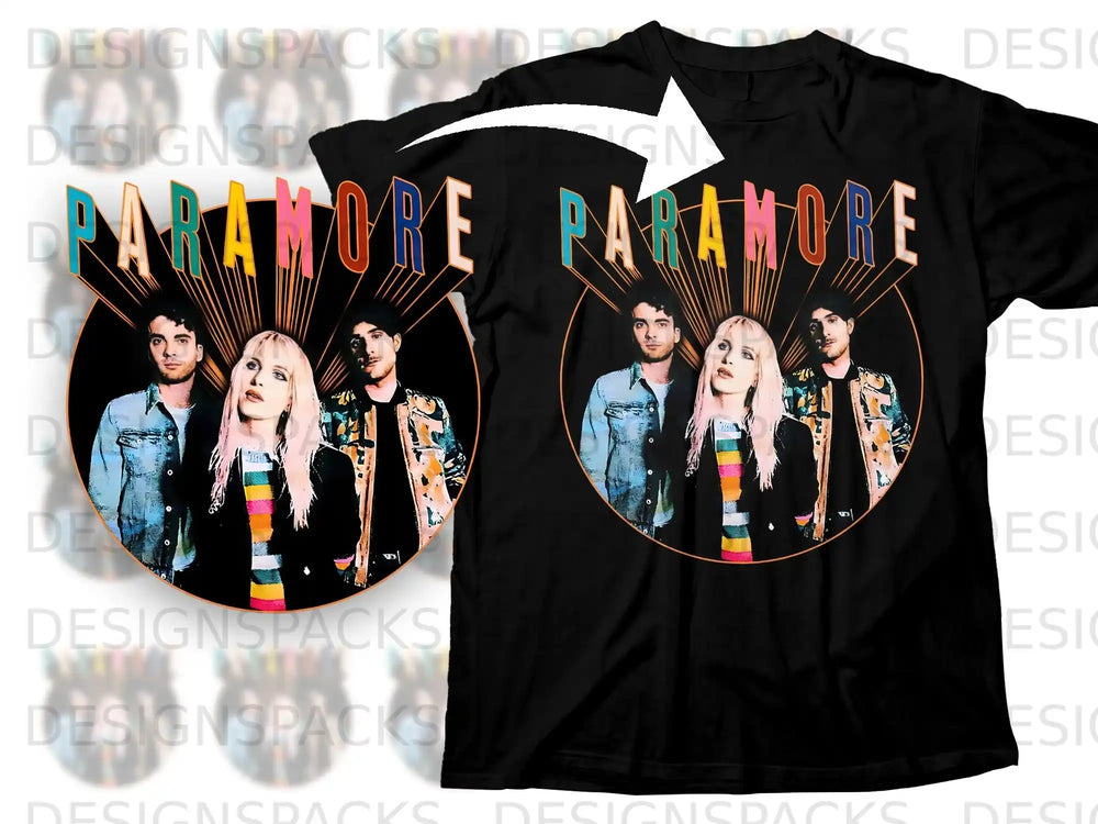 Paramore band members on a black t-shirt with "Paramore" text above.