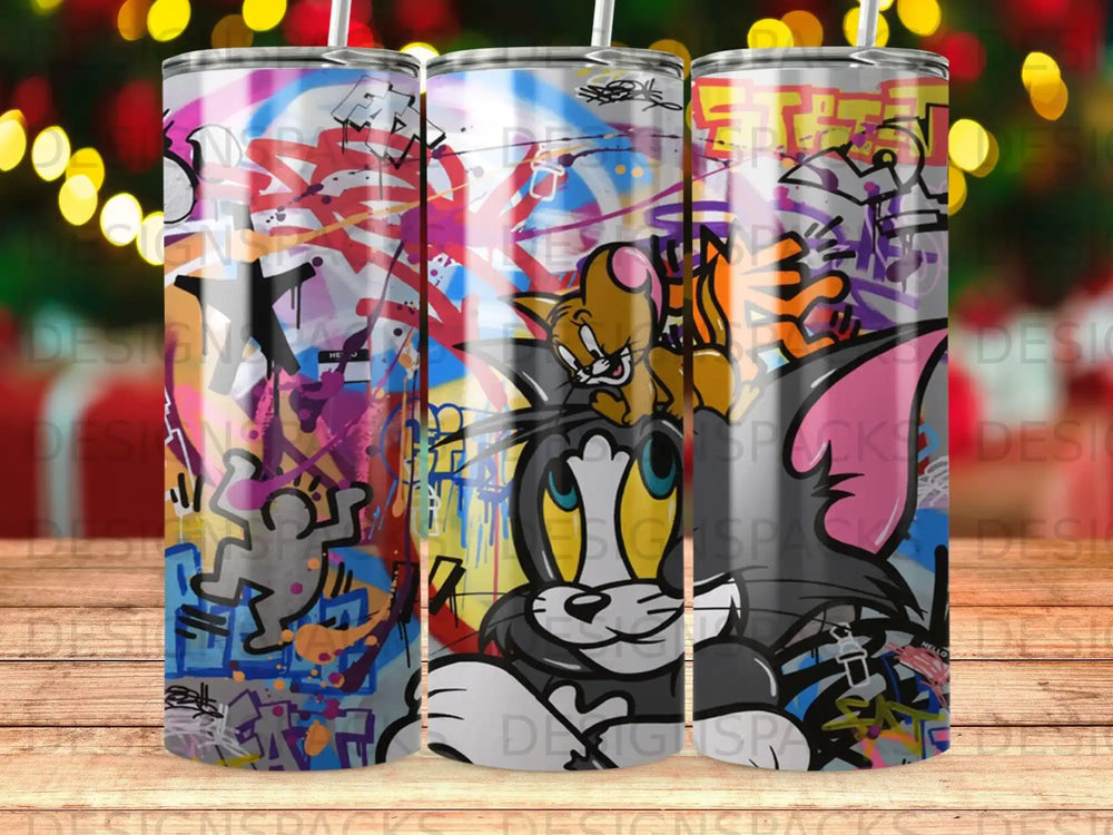 Tom and Jerry cartoon characters against a graffiti art background.