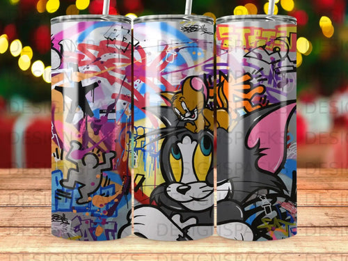 Tom and Jerry cartoon characters against a graffiti art background.