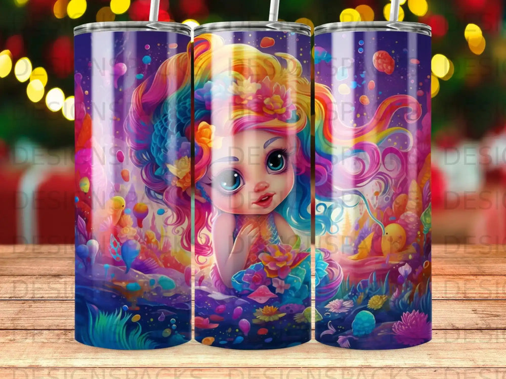 Mermaid with rainbow hair surrounded by colorful underwater sea creatures.