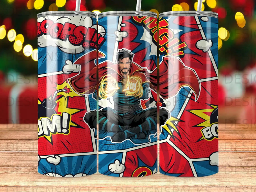 Doctor Strange superhero design on a tumbler with comic book style and bright lights.