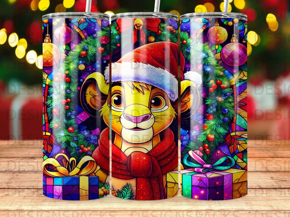 Lion King cub with Santa hat, scarf, and Christmas tree decorations.