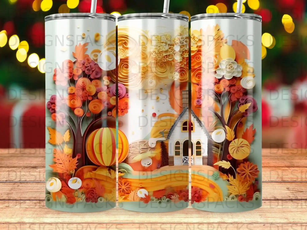 Autumn scene with pumpkin, house, and colorful fall foliage, on a tumbler.