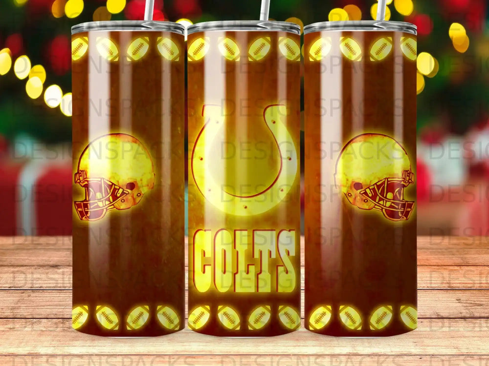 Indianapolis Colts helmet and logo on a tumbler with festive lights background.