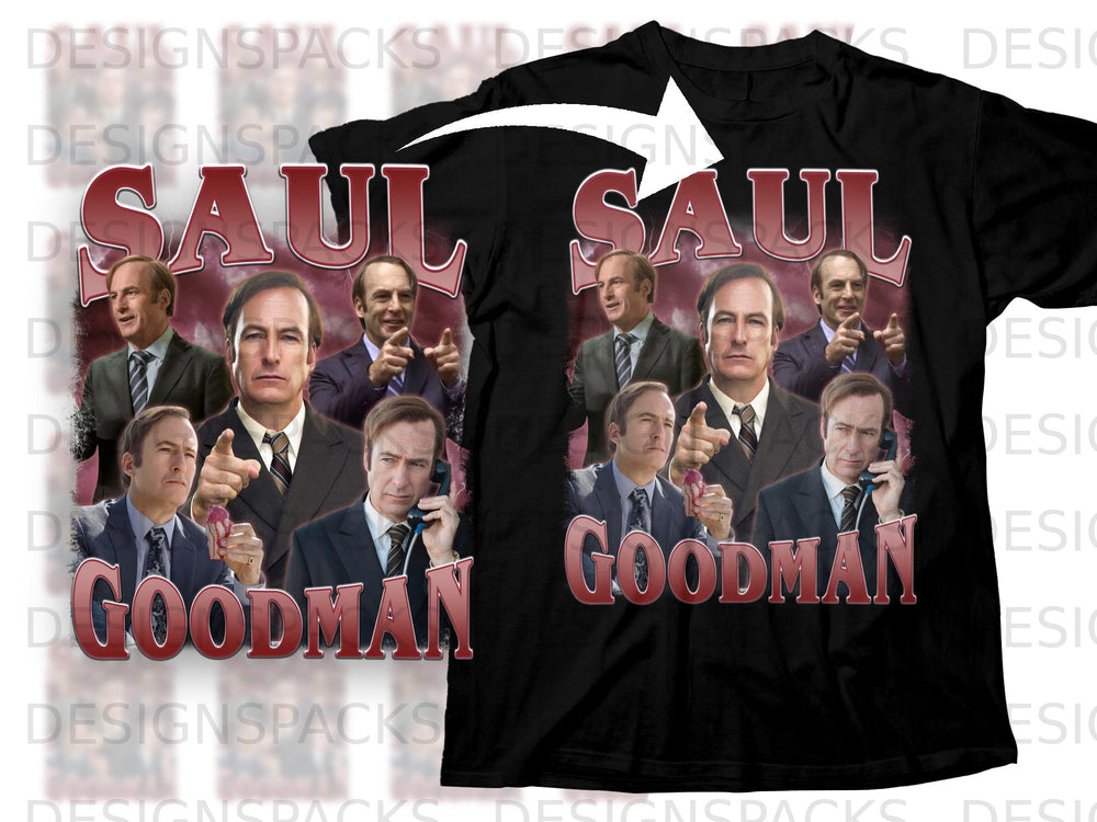 Black t-shirt featuring multiple images of Saul Goodman with "SAUL GOODMAN" text.