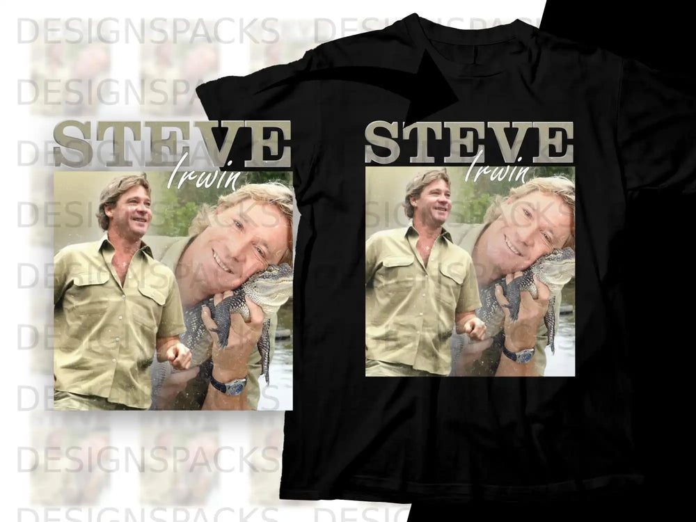 Steve Irwin with a crocodile on a black t-shirt.
