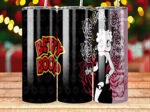 Betty Boop Booze and Roses tumbler design with dark background and lips.