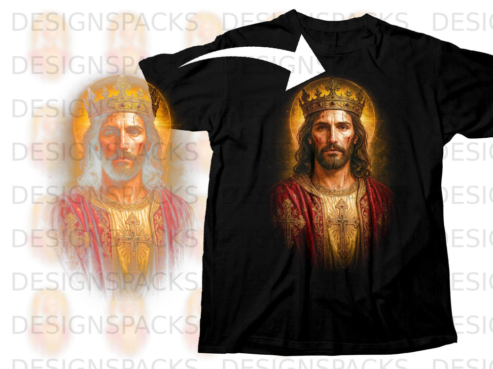 Jesus Christ in ornate red and gold robes wearing a crown on a black t-shirt.