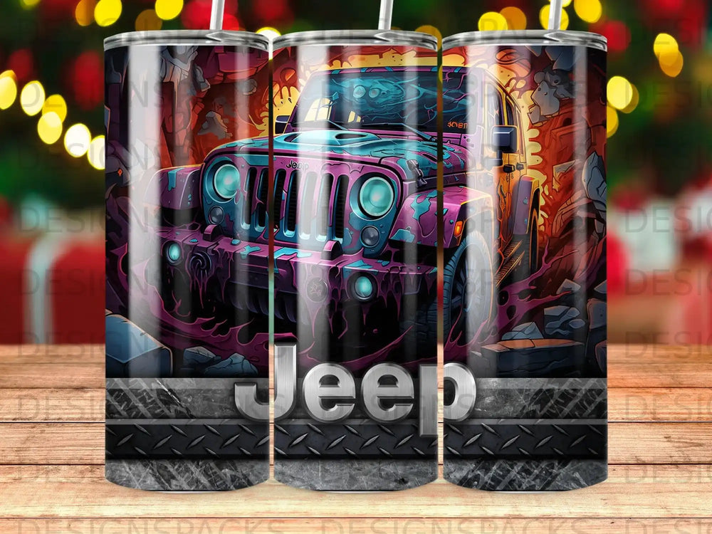 Jeep Wrangler front grille with abstract purple and blue paint.