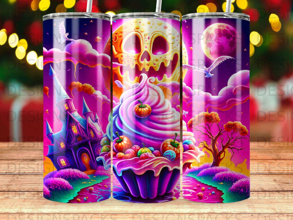Haunted castle, spooky pumpkin cupcake, and moon with flying birds.