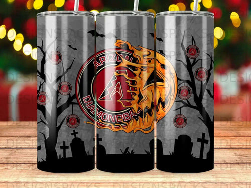 Arizona Diamondbacks logo on a spooky Halloween-themed tumbler with tombstones and bats.