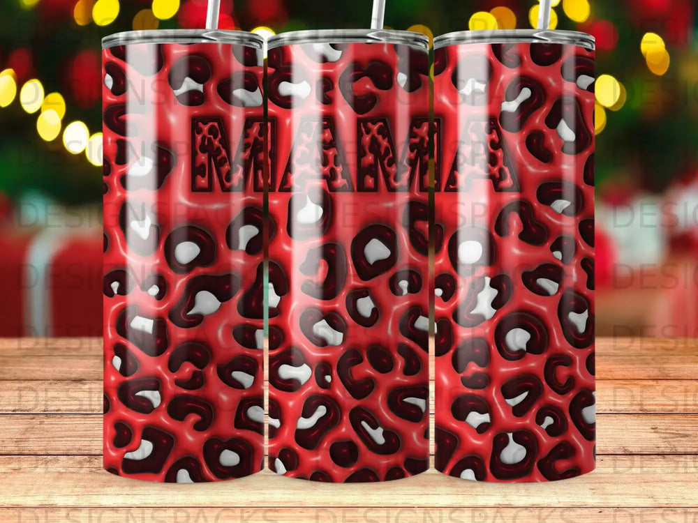 Red leopard print tumbler with "MAMA" text.