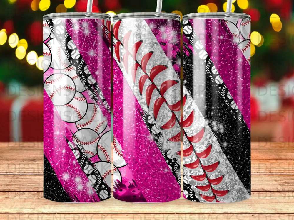 Pink, black, and white tumbler with baseball and glitter design.