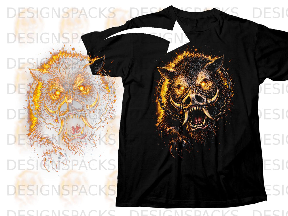 Black t-shirt with fiery wild boar graphic and chain detail.