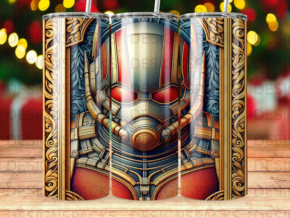 Ant-Man helmet design with ornate gold border on a tumbler.